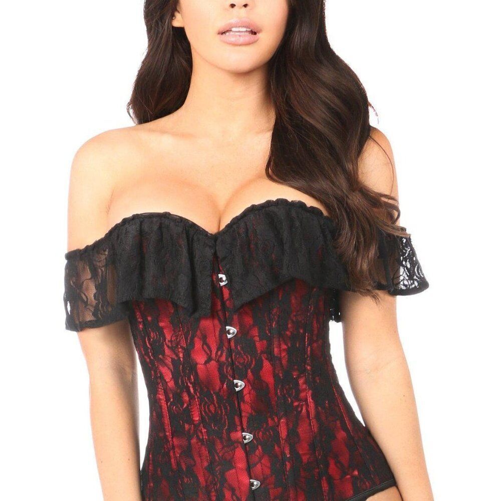 Plus 5X Red Satin Black Lace Goth Rennesaince Vampire Burlesque Overbust Corset